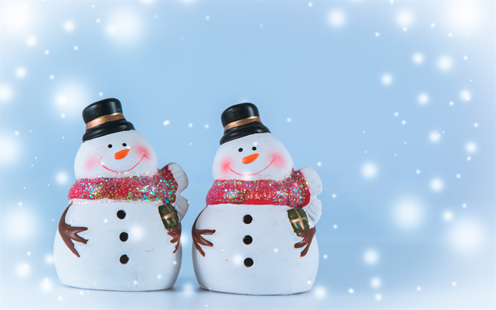 winter, snowmen, snow, snowman figurines, blue winter background, art, background with snowmen