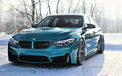 BMW M3, F80, Sedan, Tuning M3, blue sedan, winter, snow, front view, German sports cars, BMW