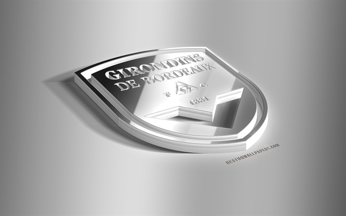 FC Girondins de Bordeaux en 3D de acero logotipo, franc&#233;s club de f&#250;tbol en 3D con el emblema de Burdeos, Francia, Burdeos FC emblema de metal, la Ligue 1, el f&#250;tbol, el creativo arte 3d