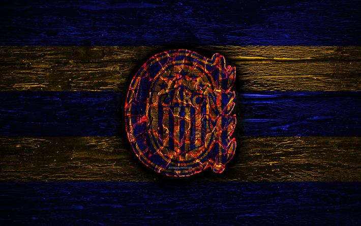 rosario central fc -, feuer-logo, argentinische primera division, blauen und gelben linien, die die argentinische fu&#223;ball-club, aaaj, argentinien superliga, fu&#223;ball, logo, ca rosario central, holz-textur, argentinien