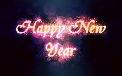 Happy New Year, 4k, bright flashes, рreetings, New Year concepts, neon letters