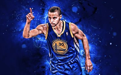 Stephen Curry, de uniforme azul, estrellas de baloncesto, la NBA, Golden State Warriors, el Curry, el baloncesto, las luces de ne&#243;n, creativo