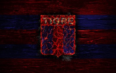 Tigre FC, fire logo, Argentine Primera Division, red and blue lines, Argentinean football club, AAAJ, Argentina Superliga, football, soccer, logo, CA Tigre, wooden texture, Argentina