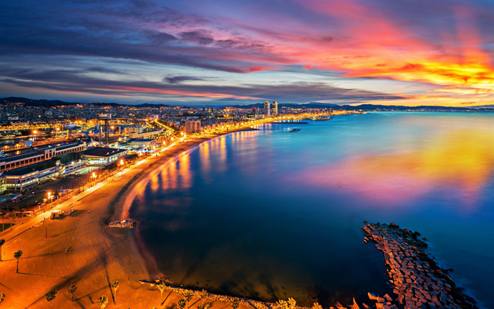 Soir&#233;e de Barcelone, coucher de soleil, c&#244;te, HDR, ville espagnole, paysages urbains, Barcelone, Espagne, Europe
