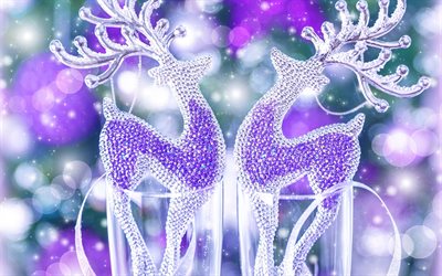 purple crystal deer, Christmas, New Year, decorations, purple christmas background, art, deer