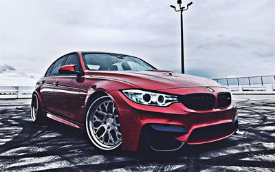BMW M3, rain, F80, tuning, 2018 cars, ADV1 Wheels, HDR, red m3, supercars, german cars, BMW