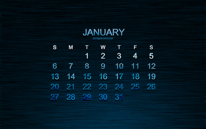 - kalender f&#252;r januar 2019, blau kreativen hintergrund, winter, 2019 kalender, januar, blau-metal-nummern, kreative kunst, 2019 jahr januar 2019 kalender