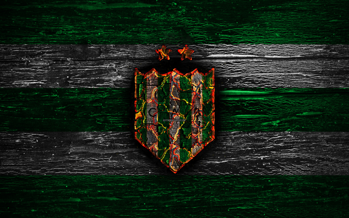 Banfield FC, fire logo, Argentine Primera Division, green and white lines, Argentinean football club, AAAJ, Argentina Superliga, football, soccer, logo, CA Banfield, wooden texture, Argentina