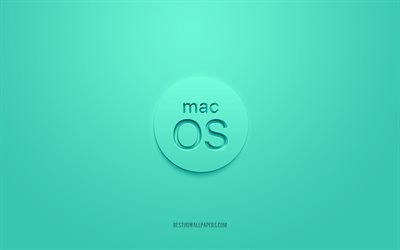 Logo MacOS 3D, fond turquoise, logo turquoise MacOS, logo 3D, embl&#232;me MacOS, MacOS, art 3D