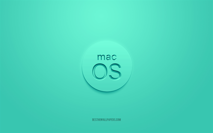 MacOS3Dロゴ, ターコイズブルーの背景, MacOSターコイズのロゴ, 3Dロゴ, MacOSエンブレム, Mac OS, 3Dアート