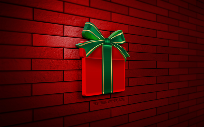 3D Red Gift Box, 4K, red brickwall, creative, Happy New Year, Gift Box icon, 3D art, stars, Red Gift Box, Merry Christmas