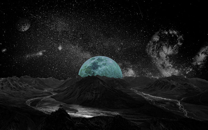 planeta azul, 4K, paisagem do planeta, gal&#225;xia, NASA, arte 3D, nebulosa, fic&#231;&#227;o cient&#237;fica, planetas