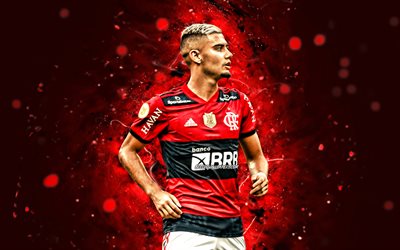 Andreas Pereira, 2021, 4k, Flamengo FC, footballeurs br&#233;siliens, n&#233;ons rouges, Serie A, Br&#233;sil, football, Andreas Pereira 4K, Andreas Pereira Flamengo