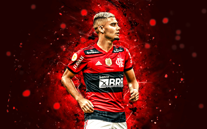 Andreas Pereira, 2021, 4k, Flamengo FC, footballeurs br&#233;siliens, n&#233;ons rouges, Serie A, Br&#233;sil, football, Andreas Pereira 4K, Andreas Pereira Flamengo
