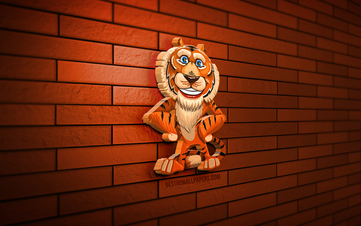 Tigre de desenho animado 3D, 4K, Ano do Tigre, parede de tijolos laranja, Feliz Ano Novo, Feliz Natal, 2022 Zod&#237;aco Chin&#234;s, tigre de desenho animado, decora&#231;&#245;es de natal, &#237;cone do tigre