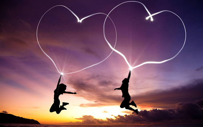 lovers silhouettes, love concepts, two hearts, sunset, creative, abstract hearts, background with hearts, flight of lovers