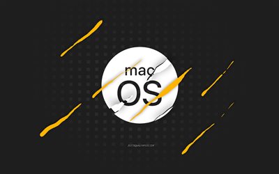 MacOSロゴ, 4k, 灰色の背景, macOSエンブレム, クリエイティブアート, macOS, コンピューターのブランド
