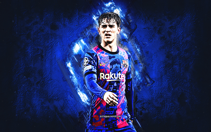 Gavi, FC Barcelona, Spanish footballer, midfielder, portrait, blue stone background, football, La Liga, Pablo Mart&#237;n Paez Gavira