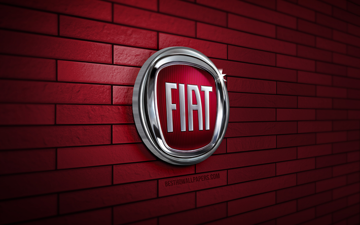 Logo Fiat 3D, 4K, muro di mattoni viola, creativo, marchi di automobili, logo Fiat, arte 3D, Fiat