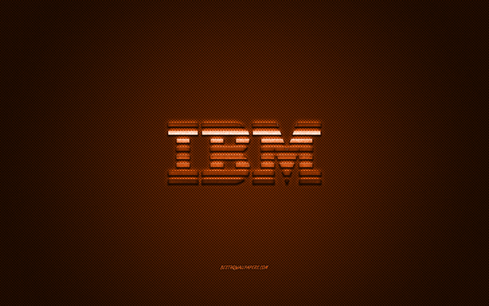 IBMロゴ, オレンジ色のカーボンテクスチャ, IBMエンブレム, IBMオレンジロゴ, IBM, オレンジ色の背景