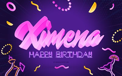 Happy Birthday Ximena, 4k, Purple Party Background, Ximena, creative art, Happy Ximena birthday, Ximena name, Ximena Birthday, Birthday Party Background
