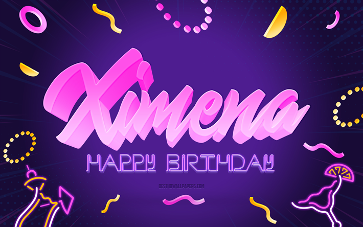 Buon compleanno Ximena, 4k, sfondo festa viola, Ximena, arte creativa, buon compleanno Ximena, nome Ximena, compleanno Ximena, sfondo festa di compleanno