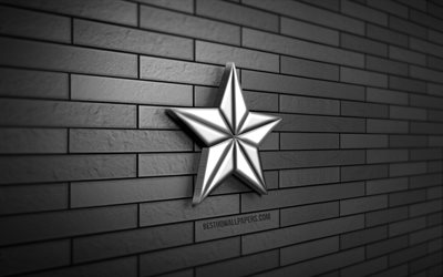 3D silver star, 4K, gray brickwall, creative, star icon, 3D art, stars, silver star