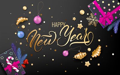 Happy New Year, 4k, gray background, New Year background, 3d boxes gifts, christmas decorations, 2022 concepts, 2022 New Year