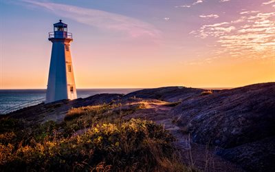 white lighthouse, evening, sunset, seascape, lighthouse, coast, sea, beautiful sunset