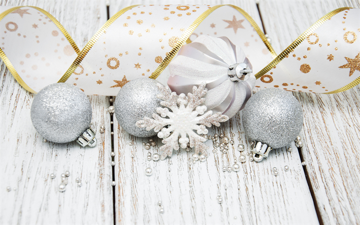 シルバーのクリスマスボール, 新年あけましておめでとうございます, クリスマスの背景, 雪片, クリスマスの白い背景, クリスマスのキラキラボール