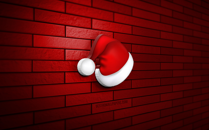 Cappello di Babbo Natale 3D, 4K, muro di mattoni rossi, decorazioni natalizie, cappello di Babbo Natale, felice anno nuovo, buon Natale, icona del cappello di Babbo Natale, arte 3D