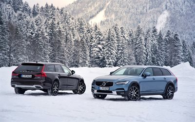 Volvo V90, Cross Country de 2017, el invierno, el carro, azul V90, negro V90, sueco coches