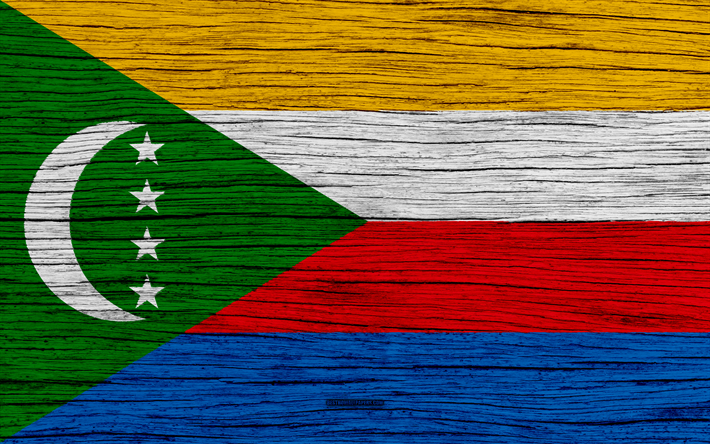 Bandeira de Comores, 4k, &#193;frica, textura de madeira, s&#237;mbolos nacionais, Comores bandeira, arte, Ilhas Comores