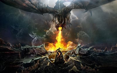 dragon vs warrior, 4k, battle, monster, art, fire, dragon, warrior