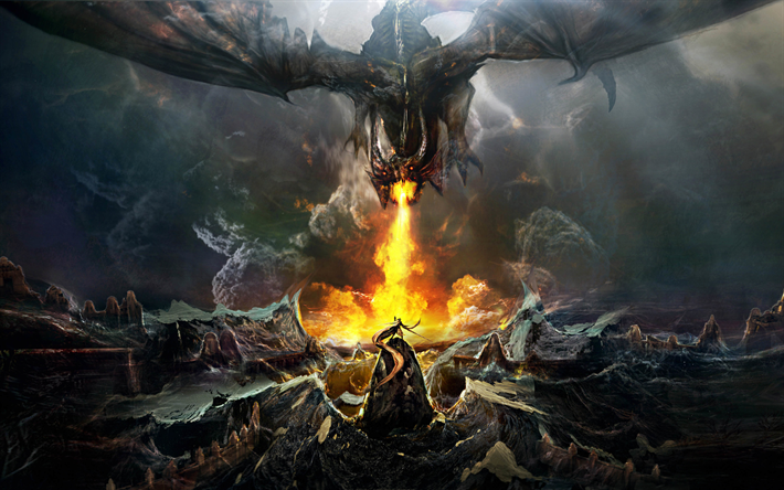 dragon vs guerriero, 4k, battaglia, mostro, l&#39;arte, il fuoco, il drago, il guerriero