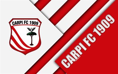Carpi FC, 1909, 4k, material design, logo, red white abstraction, emblem, Italian football club, Carpi, Italy, Serie B