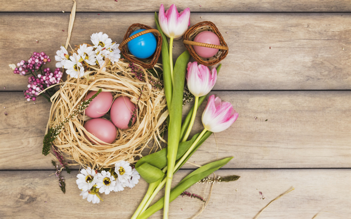 Pasqua, festa cristiana, 1 aprile 2018, 8 aprile, 2018, uova di Pasqua, decorazioni, tulipani rosa