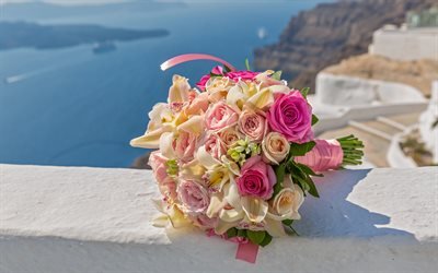 結婚式の花束, 4k, オレンジのバラ, ブライダルブーケ, 結婚式のサントリーニ, ギリシャ