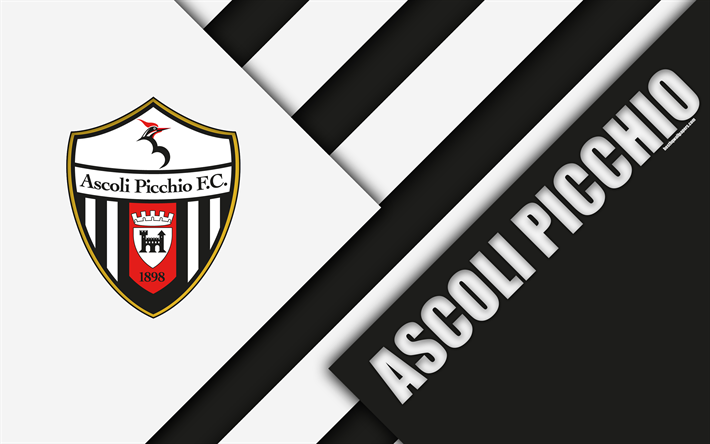 Ascoli Picchio FC, 4k, material och design, logotyp, svart och vit abstraktion, emblem, italiensk fotboll club, Ascoli Piceno, Italien, Serie B
