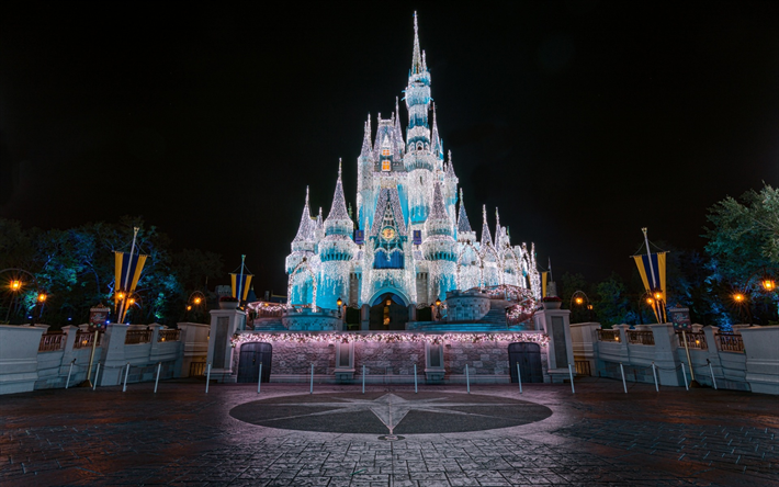 Castillo de cuento de hadas, Disneyland Par&#237;s, de noche, Walt Disney, Francia