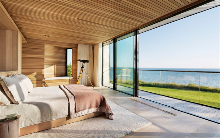 quarto, casa de campo, cama, grandes janelas, um design interior moderno