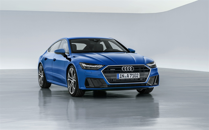 Audi A7 Sportback, 2018, vista frontale, 4k, il nuovo blu A7, coup&#233; di lusso, Audi