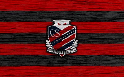 Consadole Sapporo, 4k, emblem, J-League, wooden texture, Japan, Consadole Sapporo FC, soccer, football club, logo, FC Consadole Sapporo