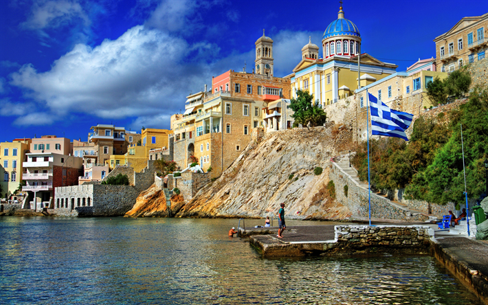 Medelhavet, sommar, Grekland, orter, resor, Grekisk flagga, kusten, flagga Grekland