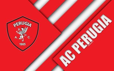 AC Perugia Calcio, 4k, materiaali suunnittelu, Perugia-logo, punainen valkoinen abstraktio, tunnus, Italian football club, Perugia, Italia, Serie B
