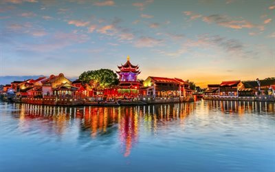 中国の伝統的な建築, 夜, ホーム, 中国, 東都市景観