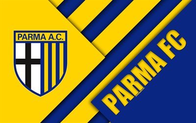 Parma FC, Parma Futebol 1913, 4k, design de material, logo, amarelo azul abstra&#231;&#227;o, Parma emblema, italiano de futebol do clube, Parma, It&#225;lia, Serie B