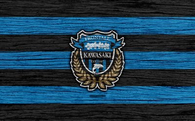 Kawasaki Frontale, 4k, emblema, J-League, textura de madeira, Jap&#227;o, Kawasaki Frontale FC, futebol, clube de futebol, logo, FC Kawasaki Frontale
