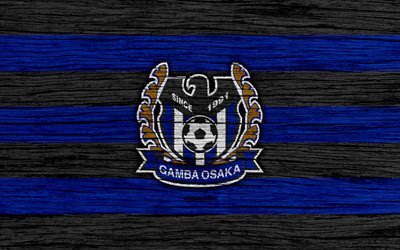 Gamba Osaka, 4k, emblema, J-League, textura de madeira, Jap&#227;o, Gamba Osaka FC, futebol, clube de futebol, logo
