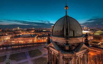 Potsdamer Platz, Berlin, Almanya, gece, şehir ışıkları, şehir, Berlin yerlerinden